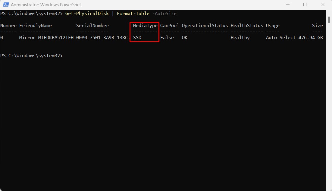 Check SSD or HDD using cmd
